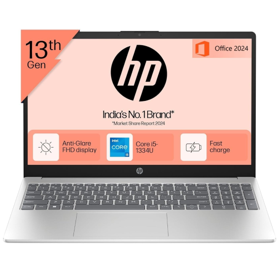HP 15 Laptop,13th Gen Intel Core i5-1334U, 16GB DDR4, 512GB SSD, 15.6-inch(39.6cm), Anti-Glare, FHD Laptop, Intel Iris Xe Graphics, Backlit KB, (Win 11, M.S. Office 24, Silver, 1.59kg)